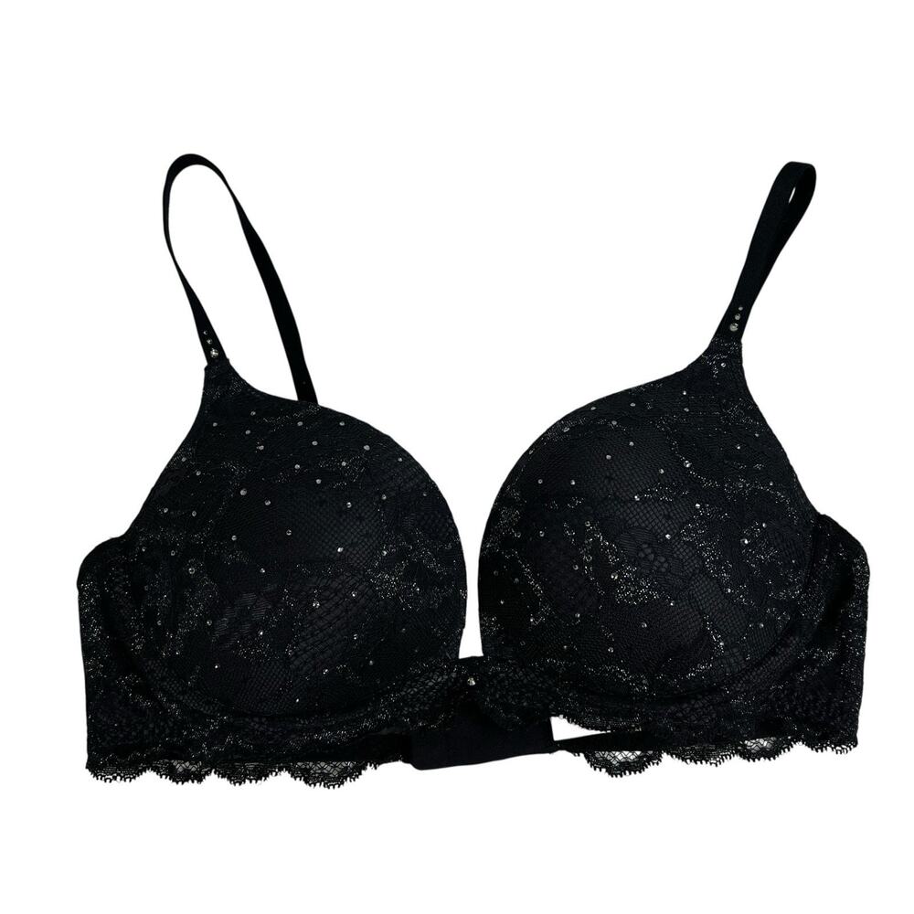 Victoria's Secret 34C Biofit Push up Bra Black Lace Sparkly‎ Embellished Bling